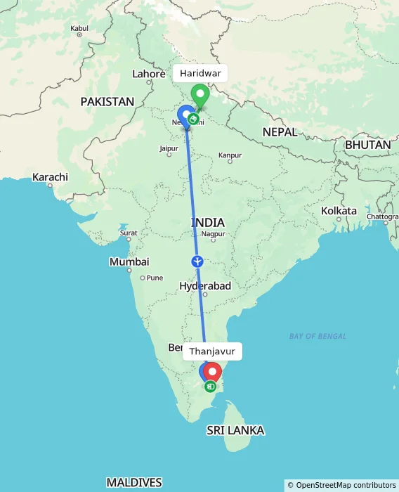 Route map showing distance and travel time from Haridwar, India to Thanjavur, India