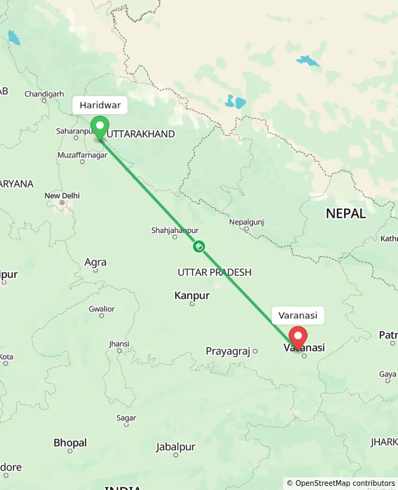 Route map showing distance and travel time from Haridwar, India to Varanasi, India