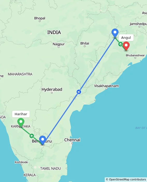Route map showing distance and travel time from Harihar, India to Angul, India