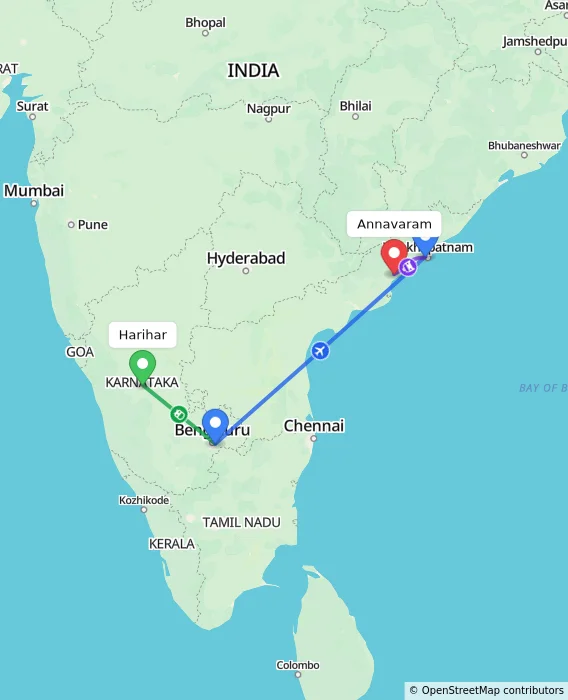 Route map showing distance and travel time from Harihar, India to Annavaram, India