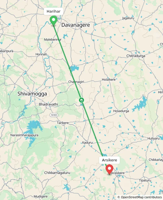 Route map showing distance and travel time from Harihar, India to Arsikere, India