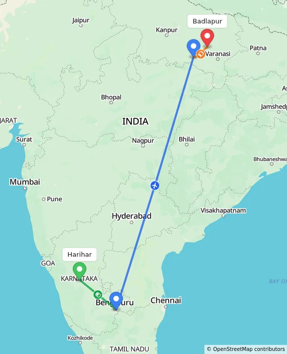 Route map showing distance and travel time from Harihar, India to Badlapur, India