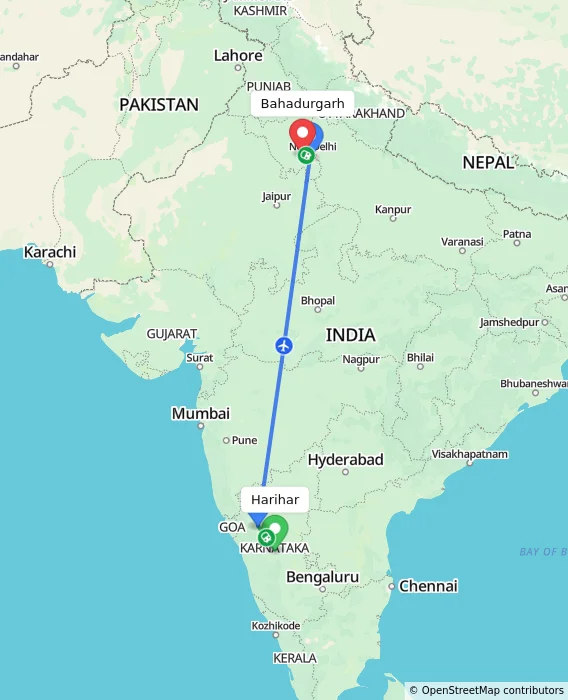 Route map showing distance and travel time from Harihar, India to Bahadurgarh, India
