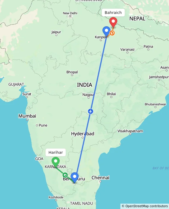 Route map showing distance and travel time from Harihar, India to Bahraich, India