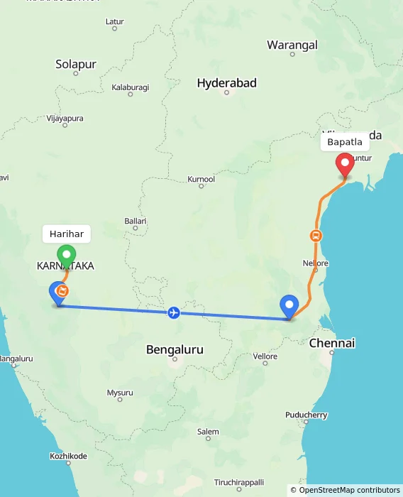 Route map showing distance and travel time from Harihar, India to Bapatla, India
