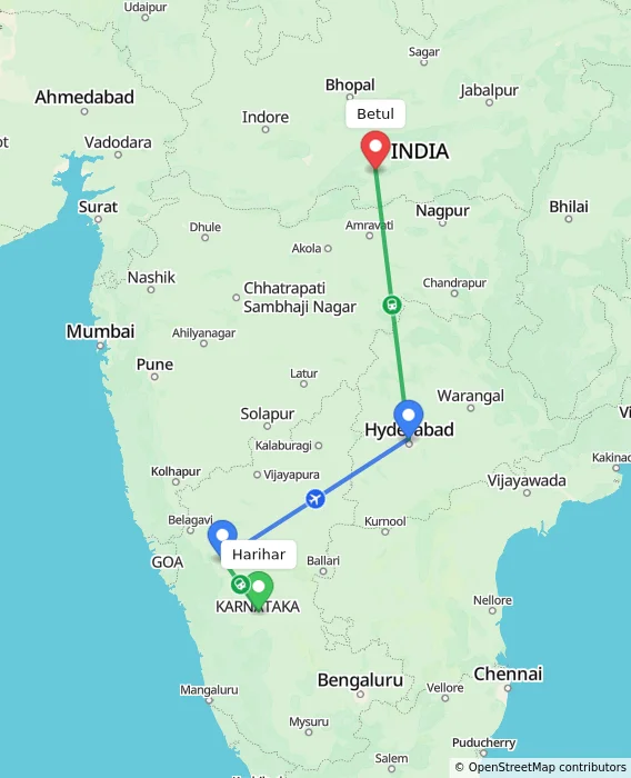 Route map showing distance and travel time from Harihar, India to Betul, India