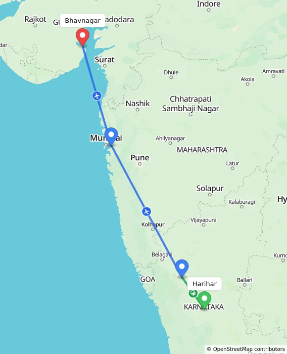 Route map showing distance and travel time from Harihar, India to Bhavnagar, India