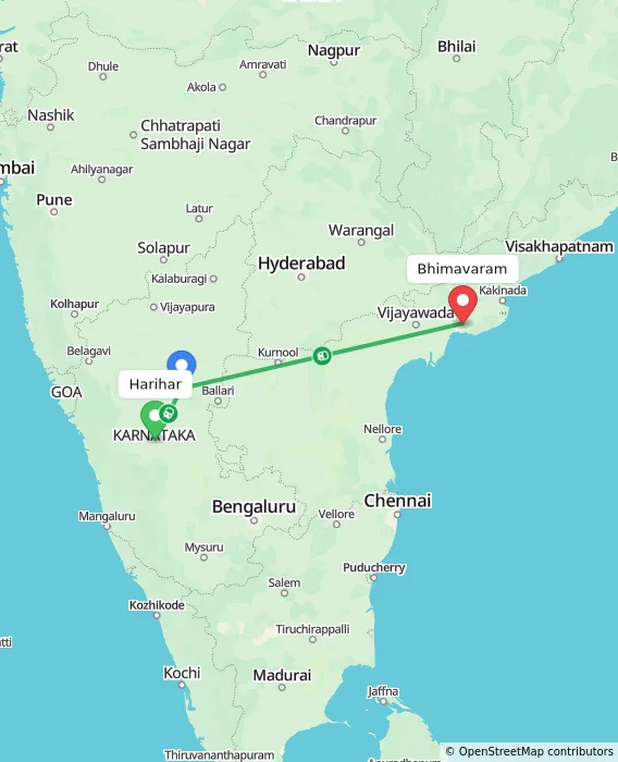 Route map showing distance and travel time from Harihar, India to Bhimavaram, India