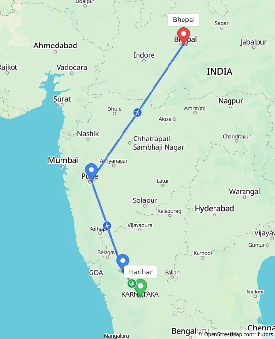 Route map showing distance and travel time from Harihar, India to Bhopal, India