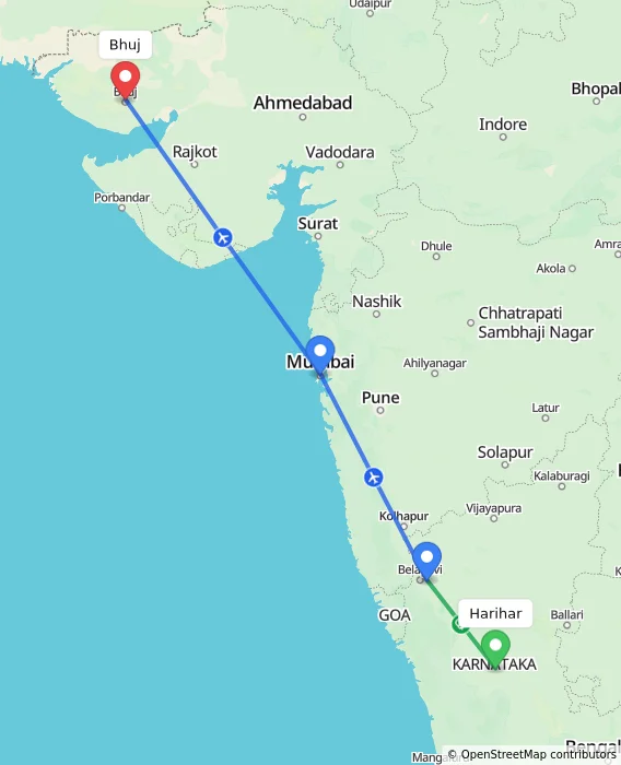 Route map showing distance and travel time from Harihar, India to Bhuj, India
