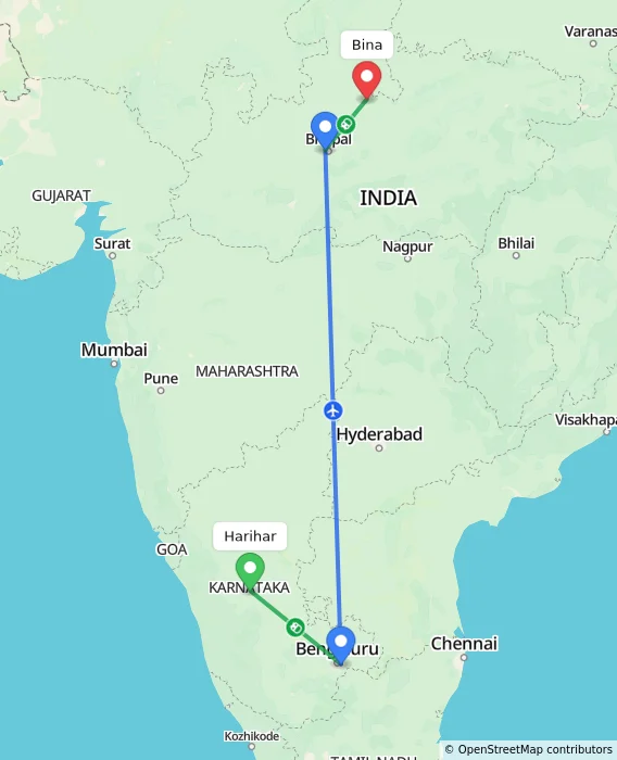 Route map showing distance and travel time from Harihar, India to Bina, India