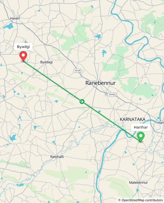 Route map showing distance and travel time from Harihar, India to Byadgi, India