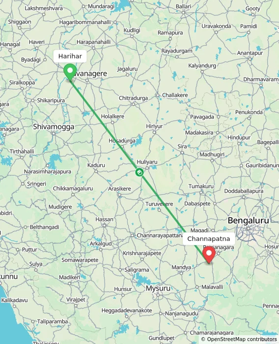 Route map showing distance and travel time from Harihar, India to Channapatna, India