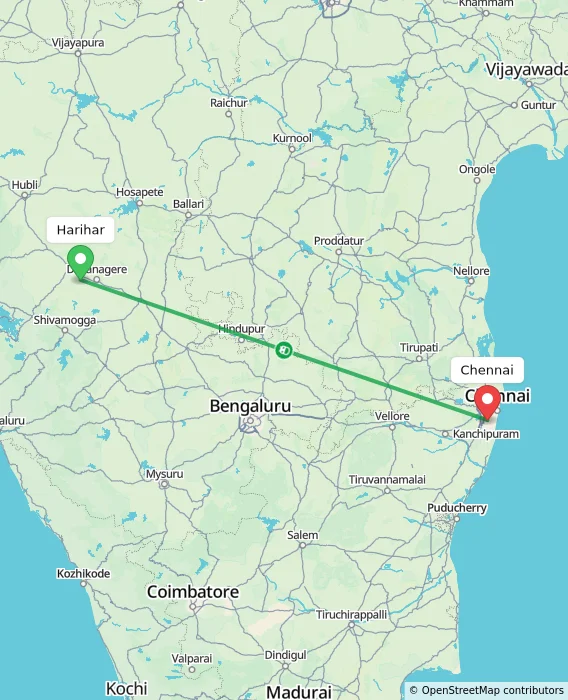 Route map showing distance and travel time from Harihar, India to Chennai, India