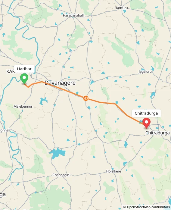 Route map showing distance and travel time from Harihar, India to Chitradurga, India