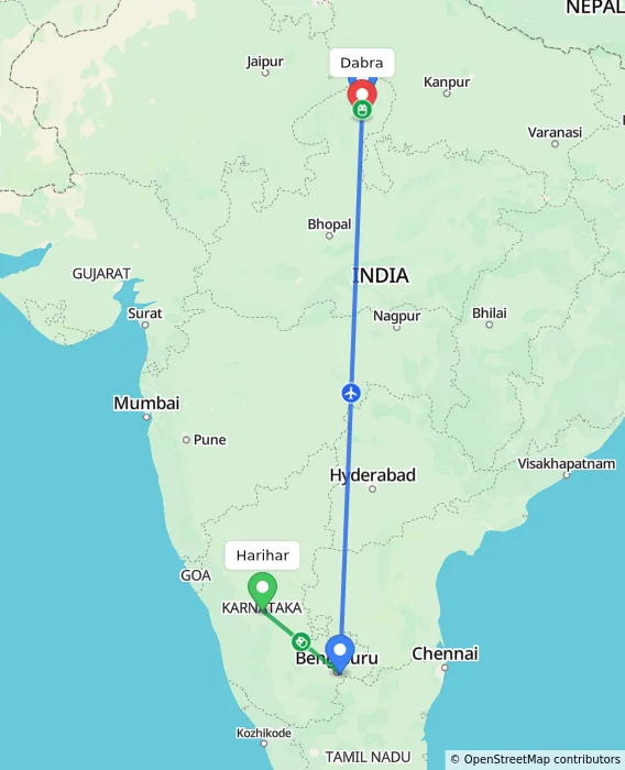 Route map showing distance and travel time from Harihar, India to Dabra, India