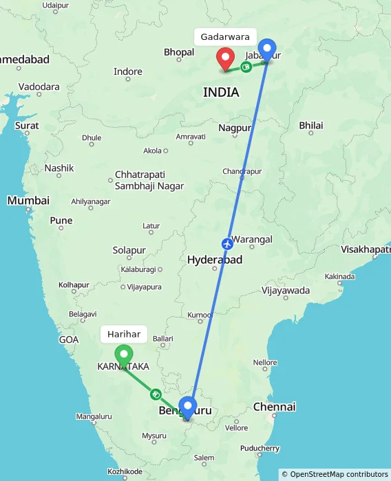 Route map showing distance and travel time from Harihar, India to Gadarwara, India