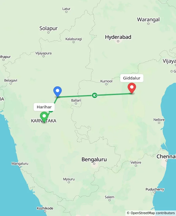 Route map showing distance and travel time from Harihar, India to Giddalur, India