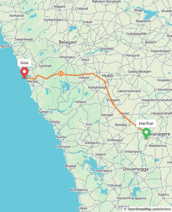 Route map showing distance and travel time from Harihar, India to Goa, India