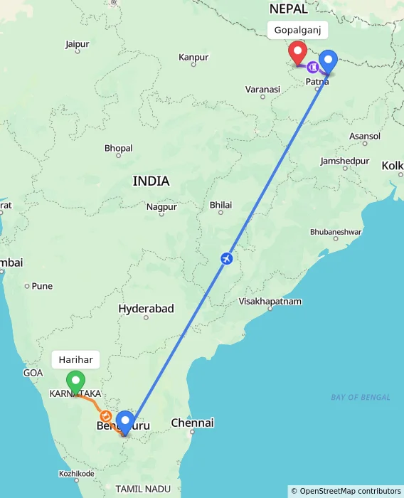 Route map showing distance and travel time from Harihar, India to Gopalganj, India
