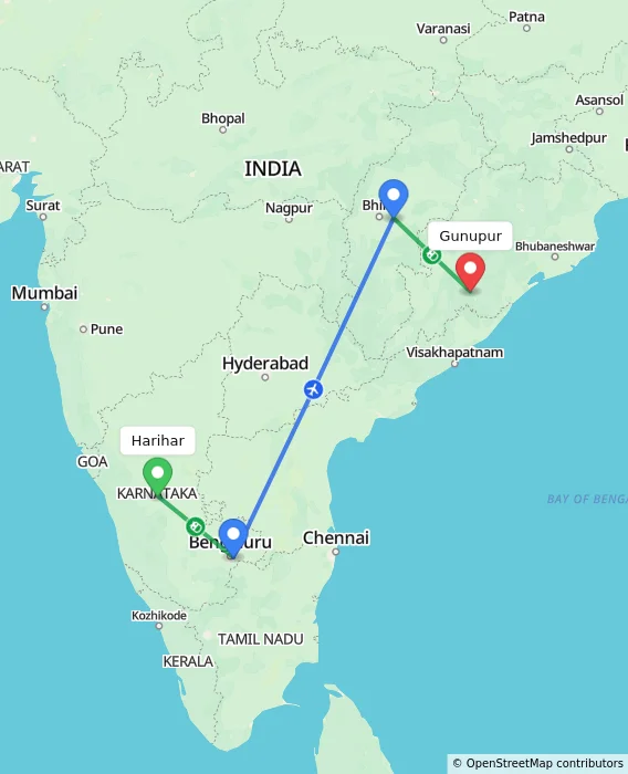 Route map showing distance and travel time from Harihar, India to Gunupur, India