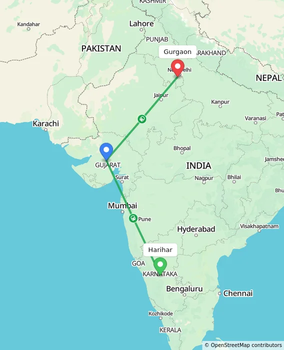 Route map showing distance and travel time from Harihar, India to Gurgaon, India