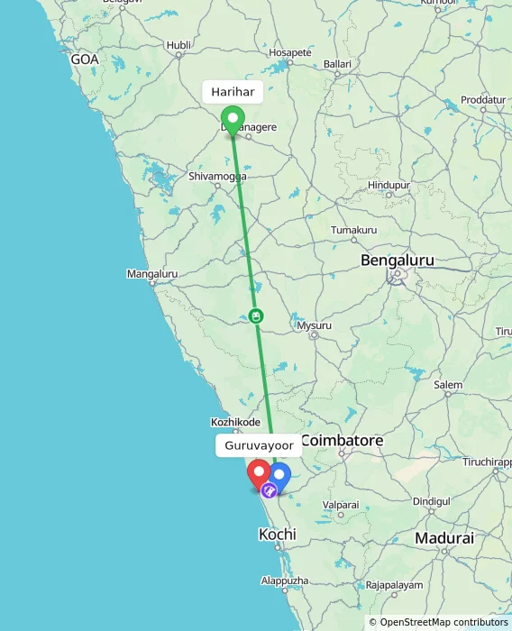 Route map showing distance and travel time from Harihar, India to Guruvayoor, India