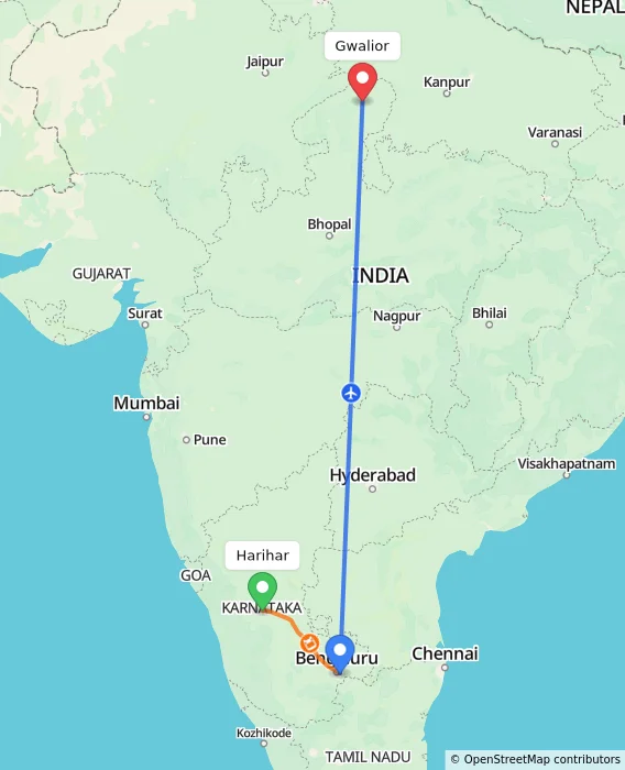 Route map showing distance and travel time from Harihar, India to Gwalior, India