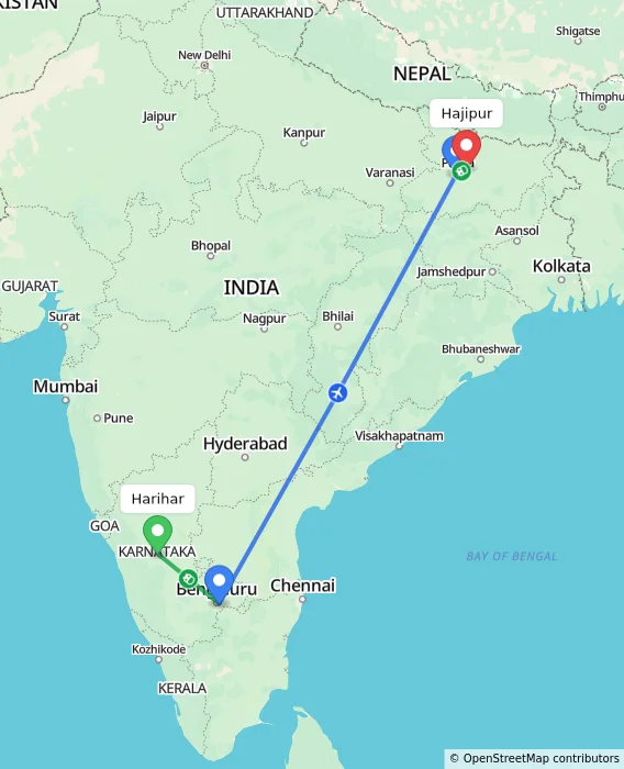 Route map showing distance and travel time from Harihar, India to Hajipur, India