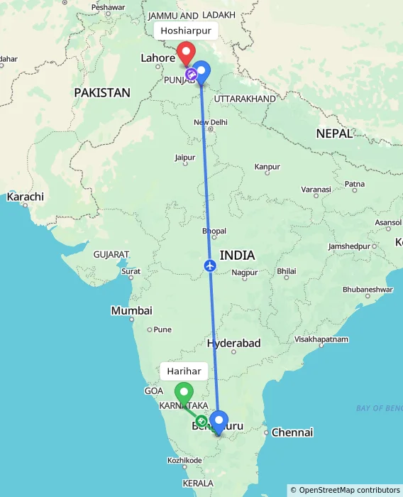 Route map showing distance and travel time from Harihar, India to Hoshiarpur, India