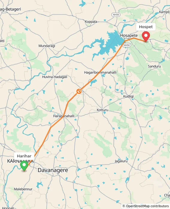 Route map showing distance and travel time from Harihar, India to Hospet, India