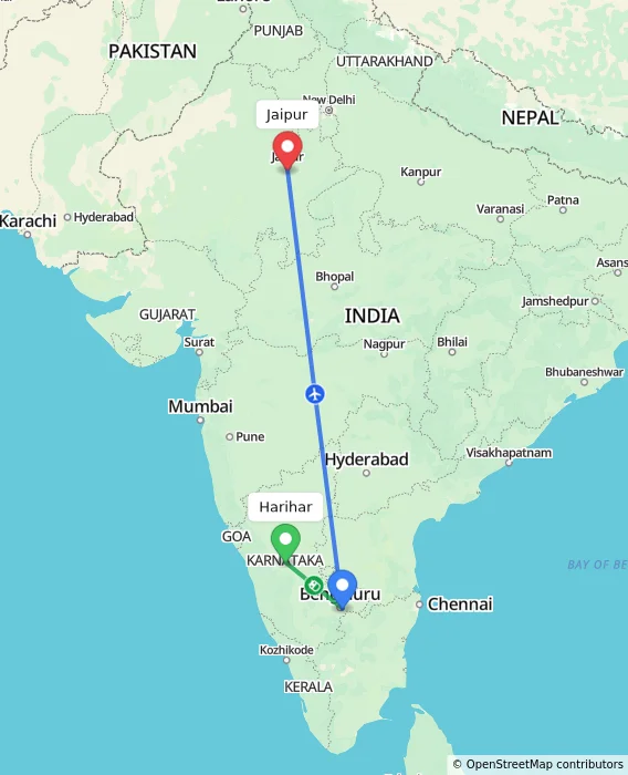 Route map showing distance and travel time from Harihar, India to Jaipur, India
