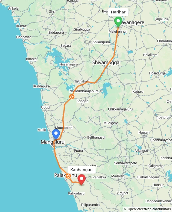 Route map showing distance and travel time from Harihar, India to Kanhangad, India