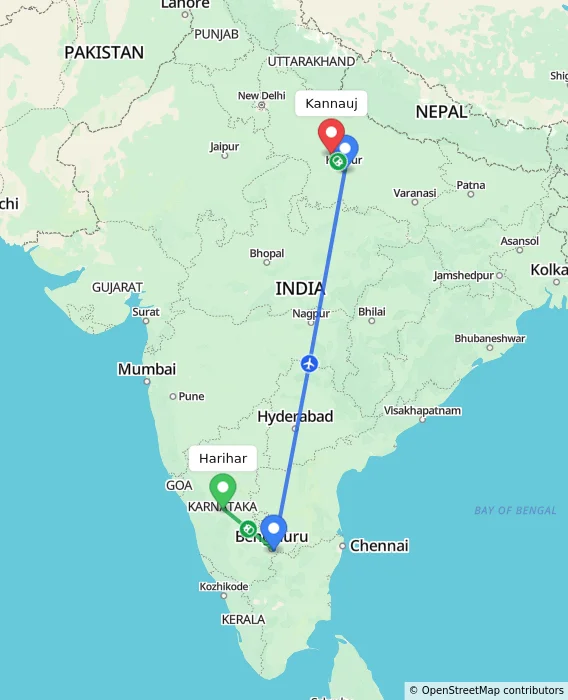 Route map showing distance and travel time from Harihar, India to Kannauj, India
