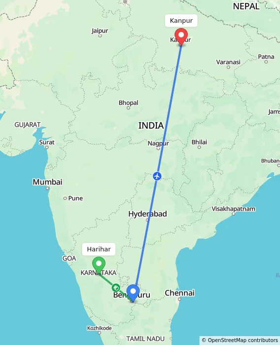 Route map showing distance and travel time from Harihar, India to Kanpur, India