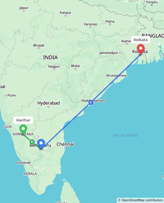 Route map showing distance and travel time from Harihar, India to Kolkata, India