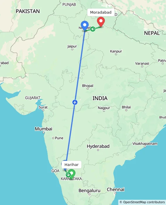 Route map showing distance and travel time from Harihar, India to Moradabad, India