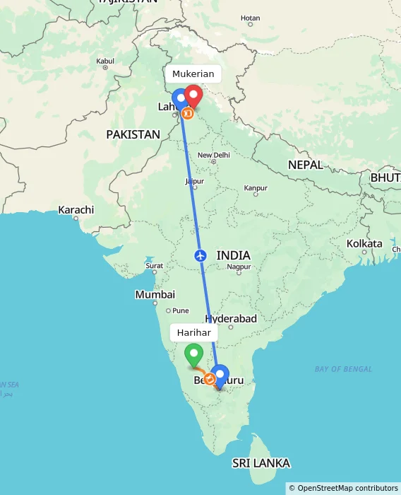 Route map showing distance and travel time from Harihar, India to Mukerian, India