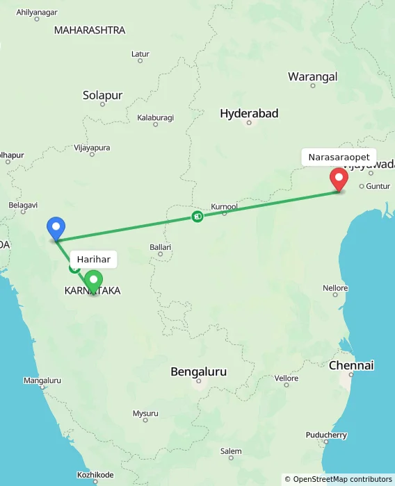 Route map showing distance and travel time from Harihar, India to Narasaraopet, India