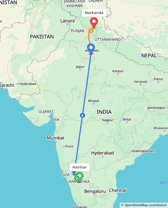 Route map showing distance and travel time from Harihar, India to Narkanda, India