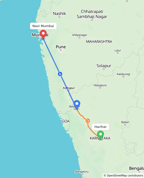Route map showing distance and travel time from Harihar, India to Navi Mumbai, India