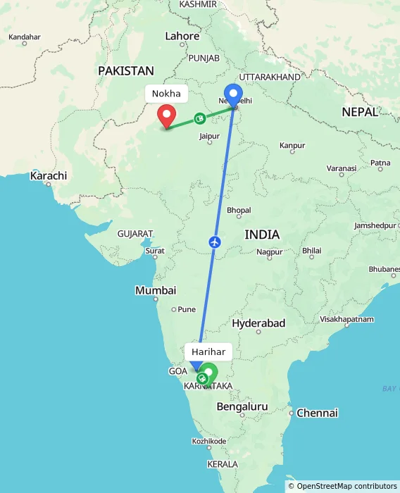 Route map showing distance and travel time from Harihar, India to Nokha, India
