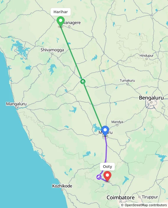 Route map showing distance and travel time from Harihar, India to Ooty, India