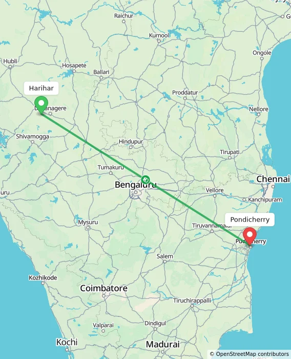 Route map showing distance and travel time from Harihar, India to Pondicherry, India