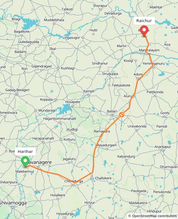 Route map showing distance and travel time from Harihar, India to Raichur, India