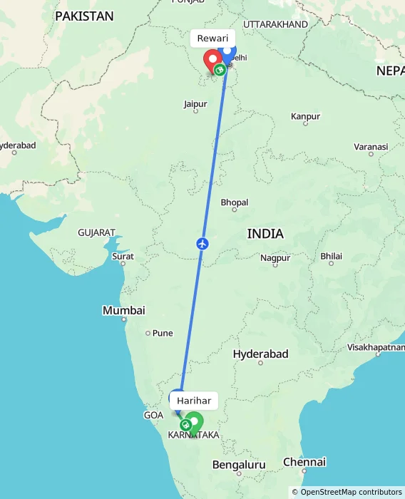Route map showing distance and travel time from Harihar, India to Rewari, India