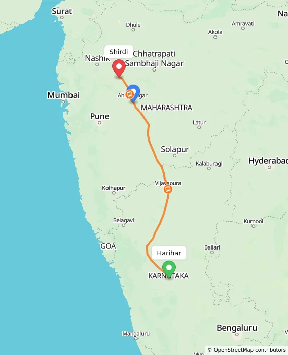 Route map showing distance and travel time from Harihar, India to Shirdi, India