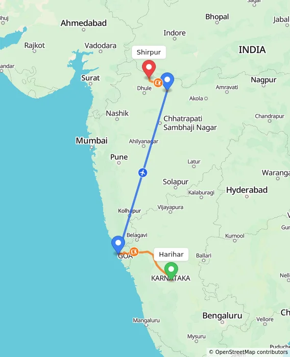 Route map showing distance and travel time from Harihar, India to Shirpur, India
