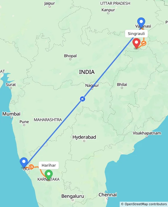 Route map showing distance and travel time from Harihar, India to Singrauli, India