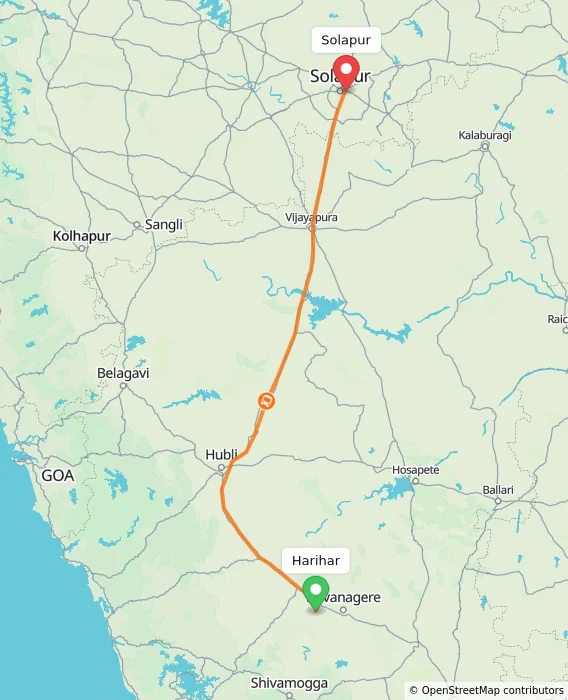 Route map showing distance and travel time from Harihar, India to Solapur, India